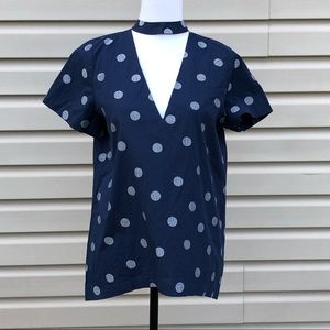 New Madewell Navy Polka Dot V-Front Choker Blouse